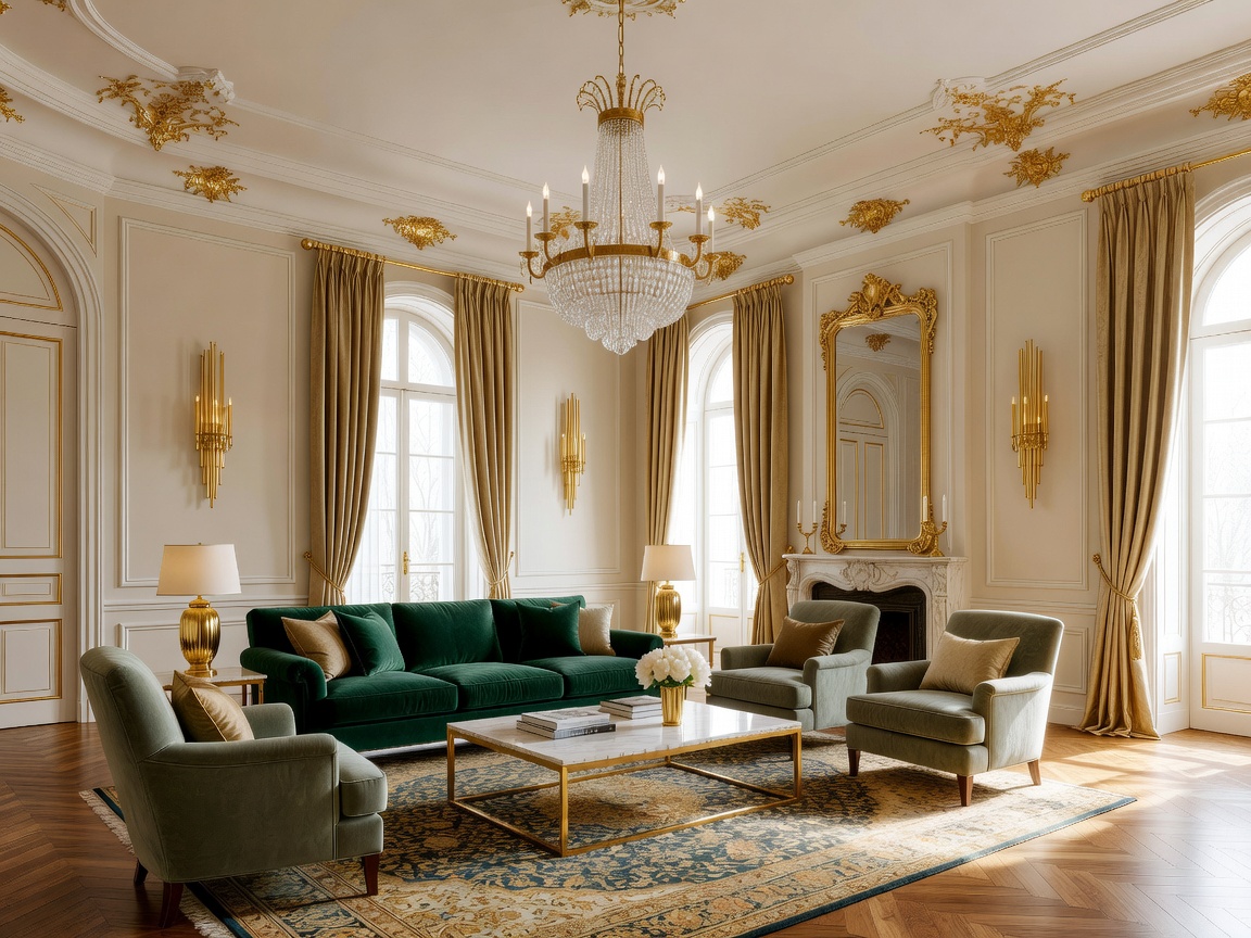 Beautifully styled high-ceiling European living room with luxury gold and bronze features