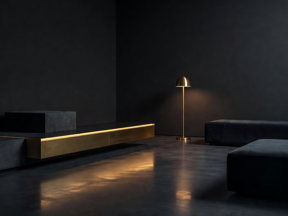 Exquisite minimal dark interior styling with elegant gold lighting features