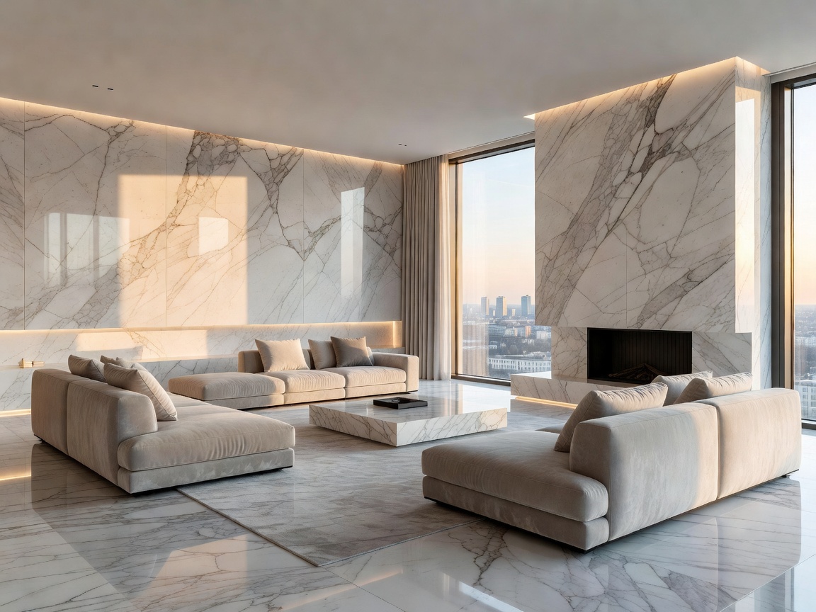 LuxArte signature marble living space design in central Warsaw with high ceilings and custom brass features