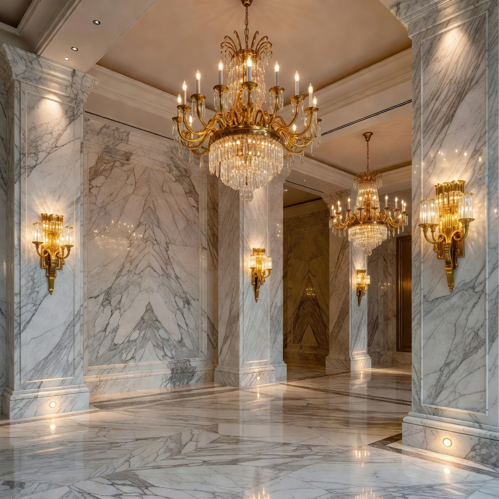 Warsaw Crown Penthouse interior featuring gold light fixtures and grand marble accents in main salon